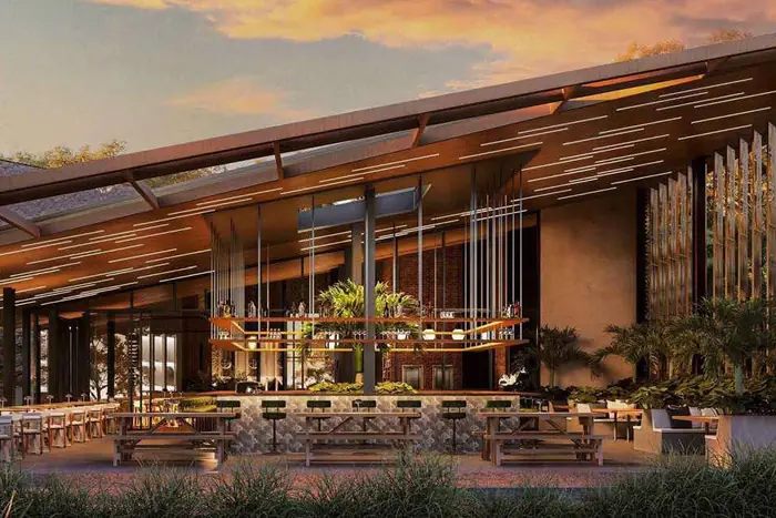 Farm-to-table restaurant and bar at sunset · artist's impression