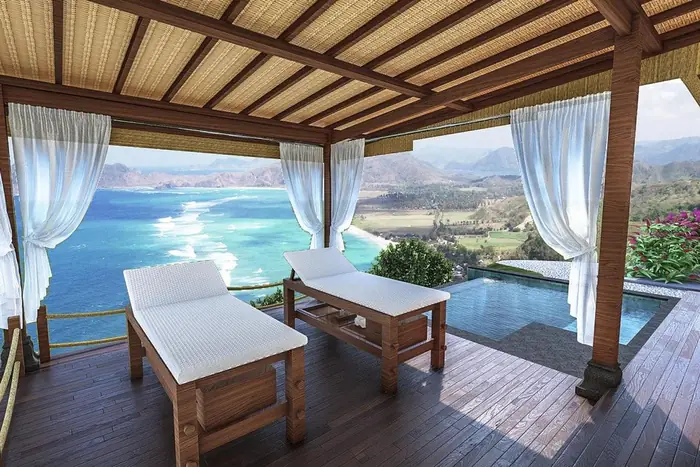 Spa treatment pavilion above the bay · artist's impression